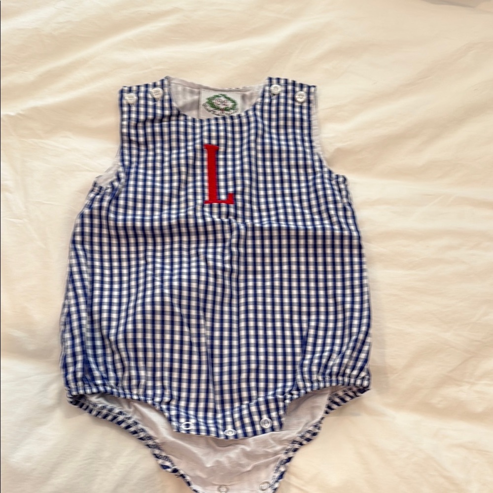 Blue and White Gingham Baby Romper with monogrammed red L